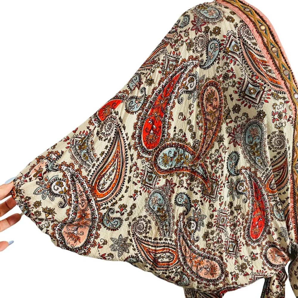 Boho Paisley Print Front Tie Beach Cover Up Top - Picture 3 of 12